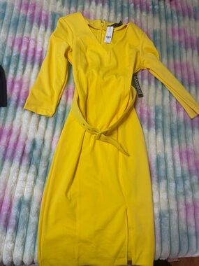 New York & Company Bright Yellow Belted Midi Dress
